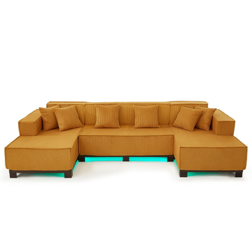 U-Shaped Sectional Sofa With RGB LED Light Strip And 6 Pillows