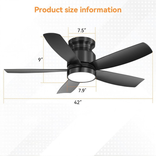 Flush Mount Ceiling Fan With 18W LED Light And Remote Control Blades - Black