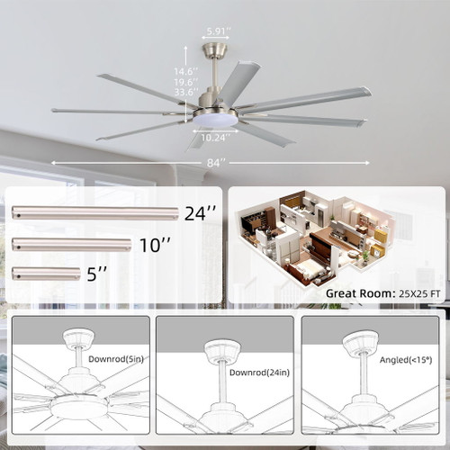 DC Motor Ceiling Fan With Dimmable Light And 8 Blade Aluminum Blades - Nickel