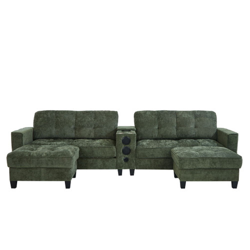Modern Sectional Sofa U-Shaped With Movable Ottomans, tooth Speakers, LED Lights And Modular Storage