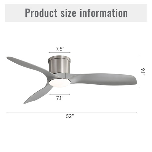 Flush Mount Ceiling Fan With Dimmable LED Light, 3 Blades, Reversible DC Motor Blades For Living Room