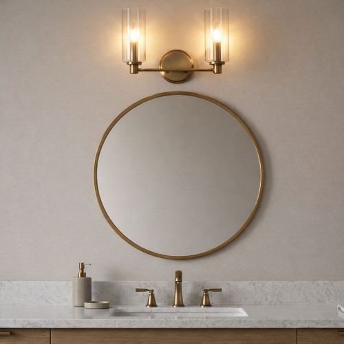 Regal - Double Light Vanity With Clear Ribbed Satin - Antique Brass / Clear