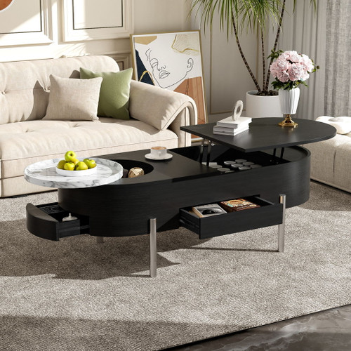 Lift Top Coffee Table With 360 Degree Marble Patterned Rotating Tray