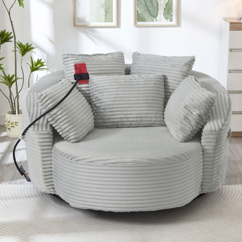 Swivel Accent Barrel Chair With Adjustable Phone Holder, 5 Pillows For Living Room