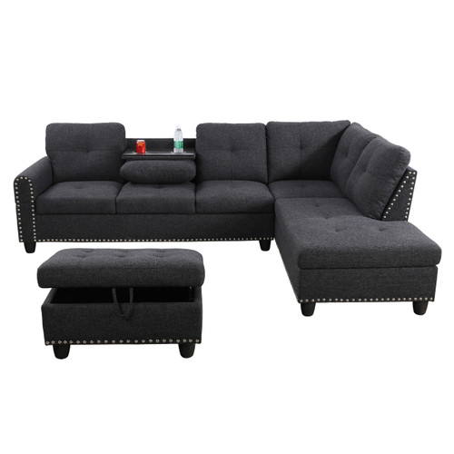 L Shape Black Grey Linen 3-Piece Sofa Living Room Sofa Set (RAF Chaise)