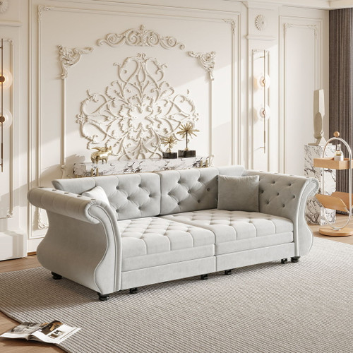 Oversized Chesterfield Pull Out Sofa Bed, Roll Arm Couch With Flower Tufting For Living Room