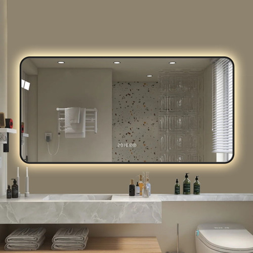 Wall Mirror With Rounded Corners, Temperature Display, Tri-Color Light, Defogging