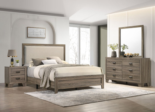 Millie - King 4 Piece Upholstered Bedroom Set - Warm Gray