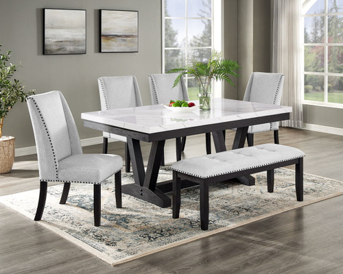 Vance - 6 Piece Dining Room Set With 4 Wing Dining Chairs & Bench - White / Gray