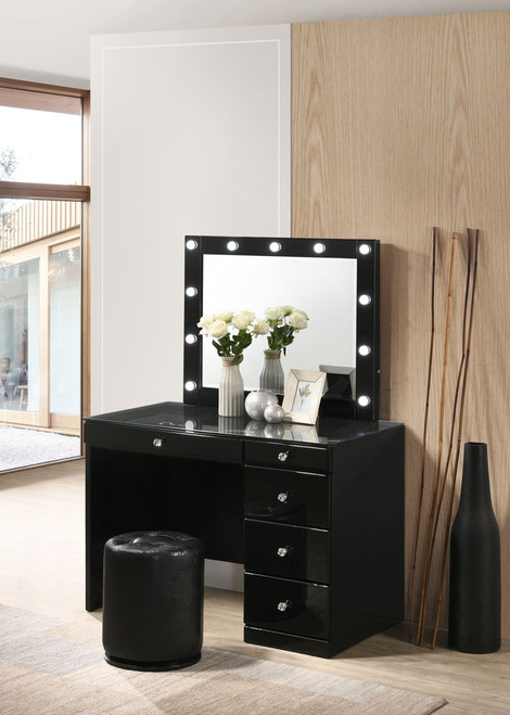 Morgan - Vanity Desk With Glass Top, LED Mirror & Stool - Black