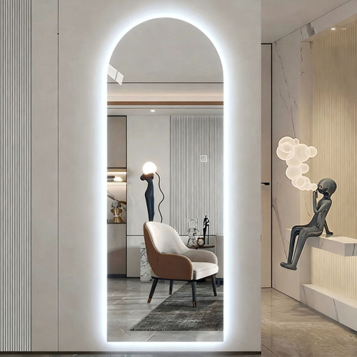LED Full Length Wall Mirror With Symmetrical Arch Design, 3 Color Dimmable Lighting - Silver