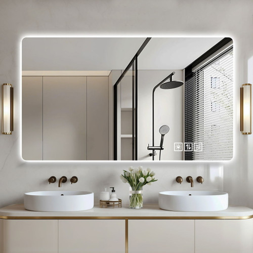 Wall Mounted LED Lighting Mirror With 3 Color Lighting, Dimming, Waterproof, Anti Fog, Touch Switch - Silver