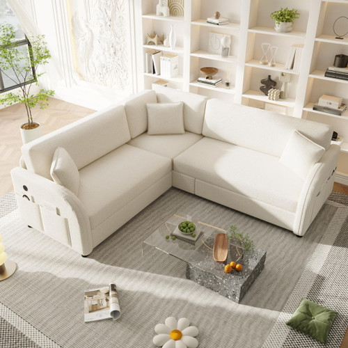 L-Shaped Couch With Pull-Out Bed, Oversize Convertible Sleeper Sofa With Side Pocket & USB Port