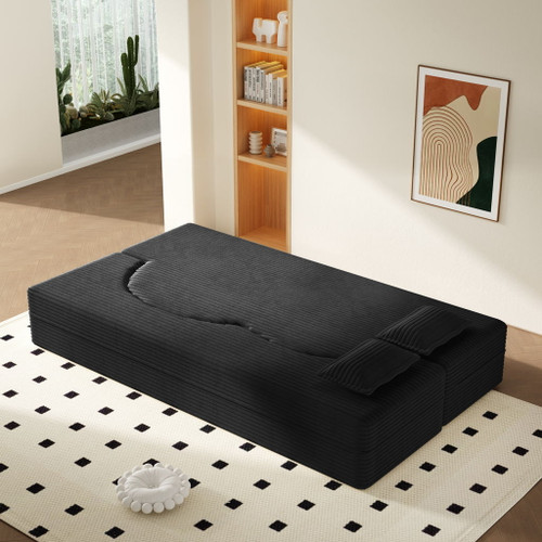 Modern Floor Sofa With 2 Pillows, Convertible Twin Size Folding Mattress For Living Room