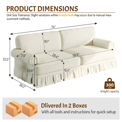 Luxuriously Comfortable Cloud Couch Sofa With Elegant Rolled Arms & Pleated Skirt Design