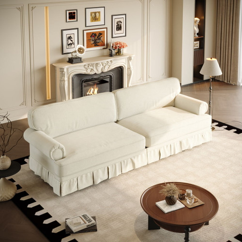 Luxuriously Comfortable Cloud Couch Sofa With Elegant Rolled Arms & Pleated Skirt Design