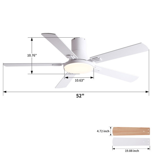 Flush Mount Ceiling Fans With LED Light And Remote Control, 5 Blades