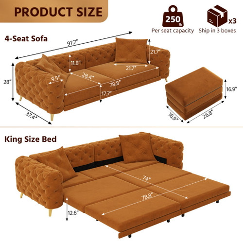 3 In 1 Convertible Sleeper, Deep Seat Pull Out Sofa Bed, Button Tufted