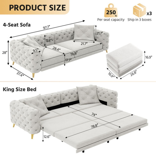 3 In 1 Convertible Sleeper, Deep Seat Pull Out Sofa Bed, Button Tufted