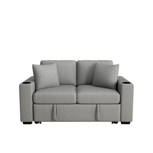 Modern 2 Seater Loveseat Sofa With Pull-Out Bed, Fabric, Built-In USB Ports & Cup Holders