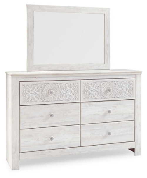 Paxberry - Dresser, Mirror - Medallion Drawer Pulls - Whitewash