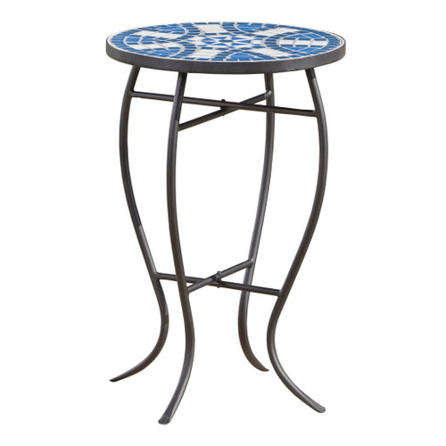 Outdoor Round Side Table With Mosaic Style Top And Curved Iron Legs - Blue / Matte Black