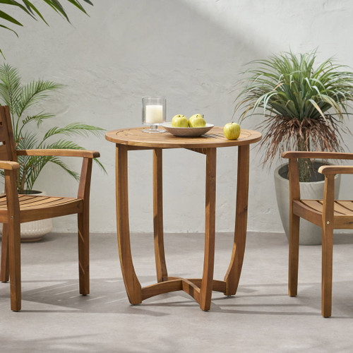 Outdoor Circular Wood Bistro Table With Curved Legs And Slat Panel Table Top - Teak