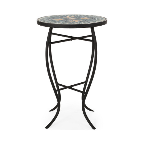 Outdoor Side Table With Tile Mosaic Table Top - Black
