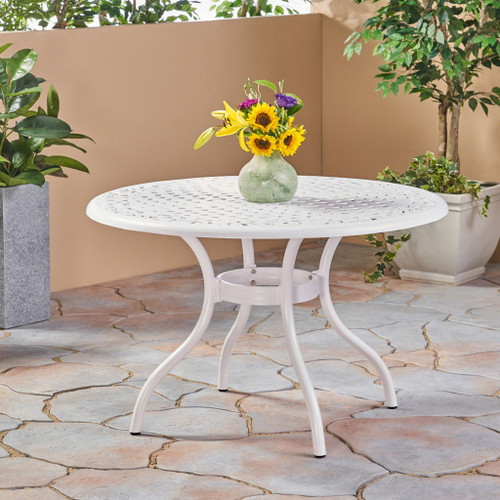Tranquilius - Outdoor Round Dining Table With Lattice Tabletop, Umbrella Hole And Curved Legs