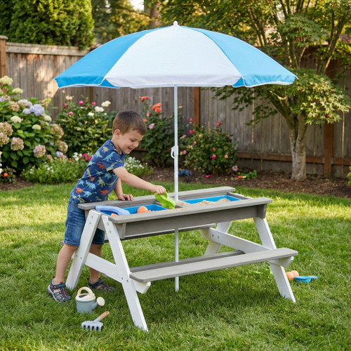 3-In-1 Kids Outdoor Wooden Picnic Table With Umbrella, Convertible Sand & Water, ASTM & CPSIA Certification