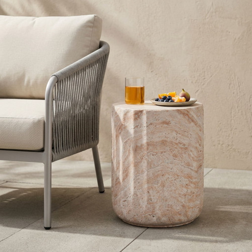 Outdoor / Indoor Lightweight Concrete Side Table, Cylinder Travertine Finish Accent Table - Beige