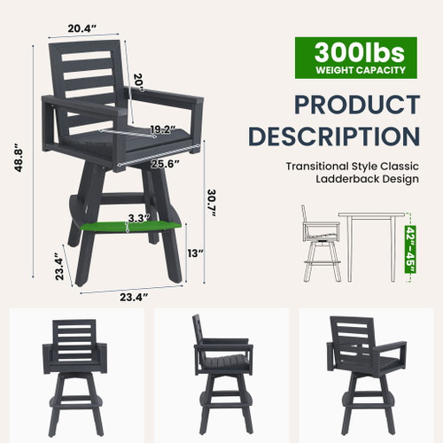 Outdoor Swivel Bar Chair, Ladderback With Wide & Thickened Frame