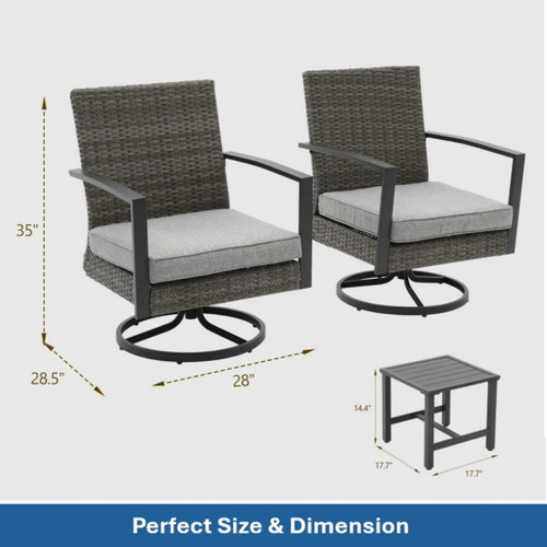 3 Piece Patio Furniture, Swivel Rocker Bistro Set With Side Table & Cushions For Porch - Gray