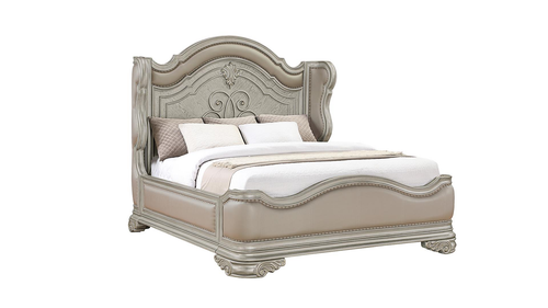 Bella Champagne Regal Upholstered Panel Bed with Ornate Scrollwork and Wingback Headboard by Galaxy Home Furnishings