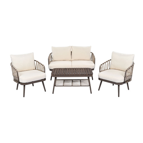 4 Piece Outdoor Patio Furniture Set, Metal Chairs With Woven Rope U Shaped Backrest