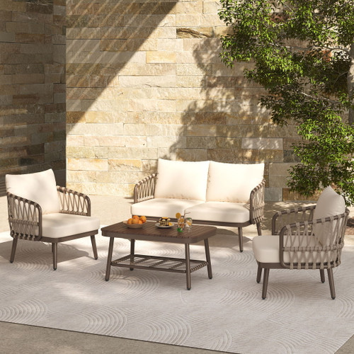 4 Piece Outdoor Patio Furniture Set, Metal Chairs With Woven Rope U Shaped Backrest