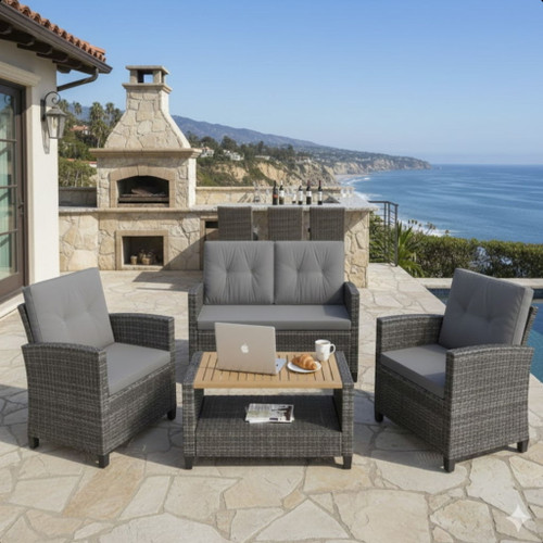 Modern All-Weather Patio Set With Cushions And Table