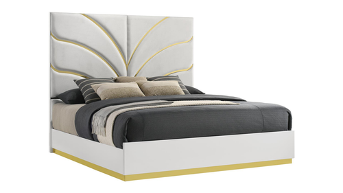 Giovanni Modern High-Gloss White Bed with Gold-Accented Wingback Petal Headboard and Metallic Base by Galaxy Home Furnishings