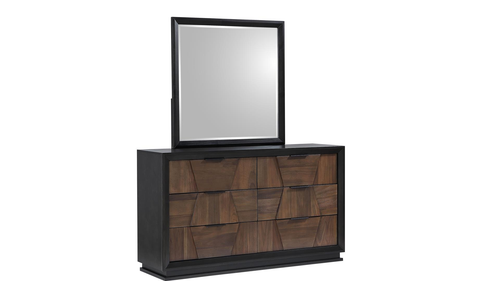 Houston Modern Walnut 6-Drawer Dresser with 3D Geometric Faceted Panels and Sleek Black Frame
