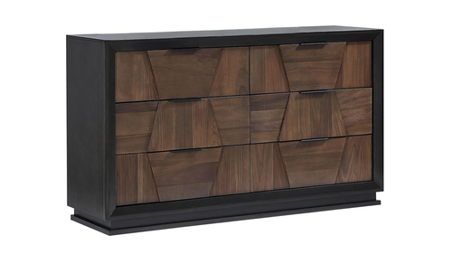 Houston Modern Walnut 6-Drawer Dresser with 3D Geometric Faceted Panels and Sleek Black Frame by Galaxy Home Furnishings