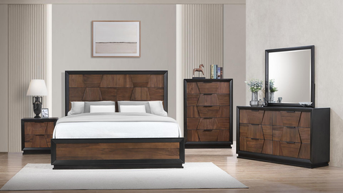 Houston Modern Walnut 5-Drawer Vertical Chest with 3D Geometric Faceted Panels and Sleek Black Frame