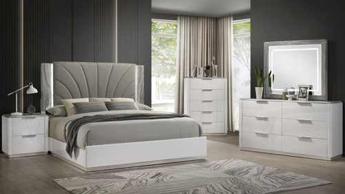 Jazz Modern High-Gloss White Bed with LED-Lit Gray Marble Wingback Headboard and Petal Upholstery