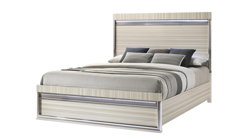 Leonor Modern Beige Wood-Grain Bed with Integrated LED Headboard Lighting and Chrome Trim Accents by Galaxy Home Furnishings