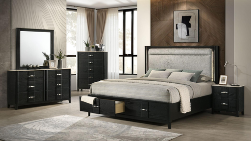 Opel Modern Black Wood-Grain Storage Bed with LED-Backlit Upholstered Headboard and Two-Drawer Footboard