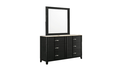 Opel Modern Black Wood-Grain 6-Drawer Dresser with Cream Faux-Stone Top and Polished Silver Hardware by Galaxy Home Furnishings