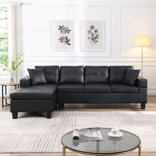 Modern Sectional Sofa Set With L Shape Chaise Lounge, Cup Holder, 4 Seat