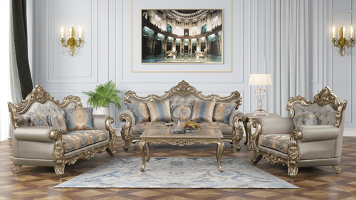 Isabella Taupe Sofa with Ornate Gold Carvings and Tufted Back