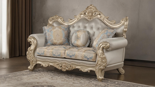 Isabella Taupe Loveseat with Ornate Gold Scrollwork and Tufted Back by Galaxy Home Furnishings