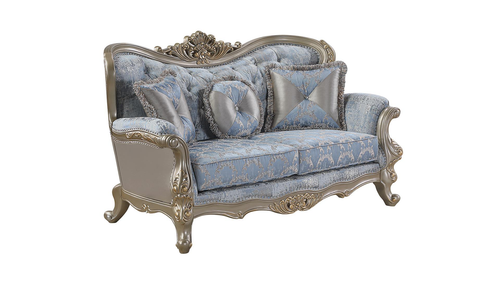 Royale Blue Loveseat with Ornate Silver-Gold Scrollwork and Crystal Tufting by Galaxy Home Furnishings