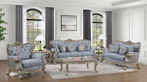 Royale Traditional Glam Blue Armchair with Elaborate Antique Silver Scrollwork
